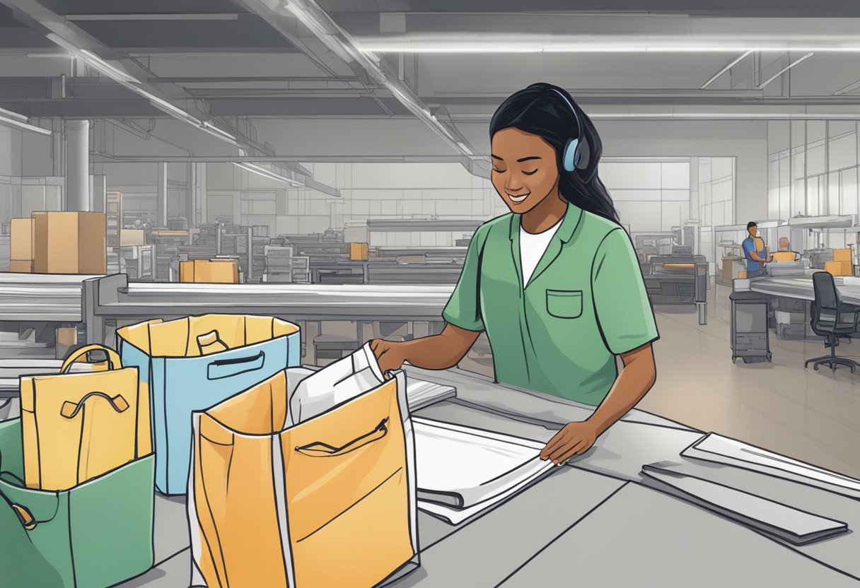 A person adds custom details to a reusable bag in a production setting