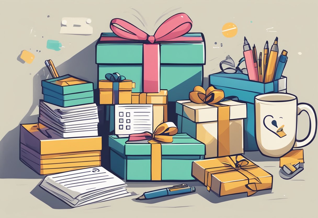 A stack of gift boxes with "Frequently Asked Questions" printed on them, surrounded by various items such as mugs, notebooks, and pens