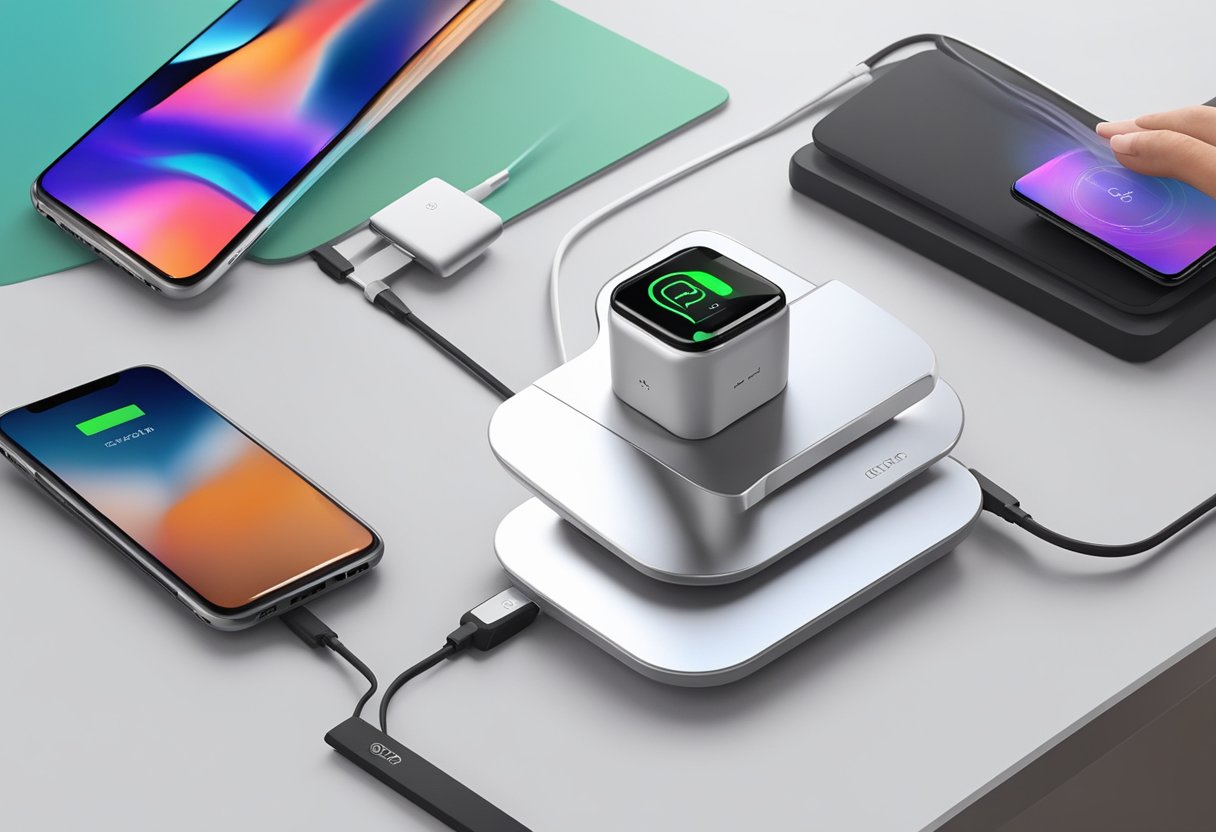 A hand reaches for a sleek Qi charger among various corporate gifts on a table, with a logo prominently displayed on the charger