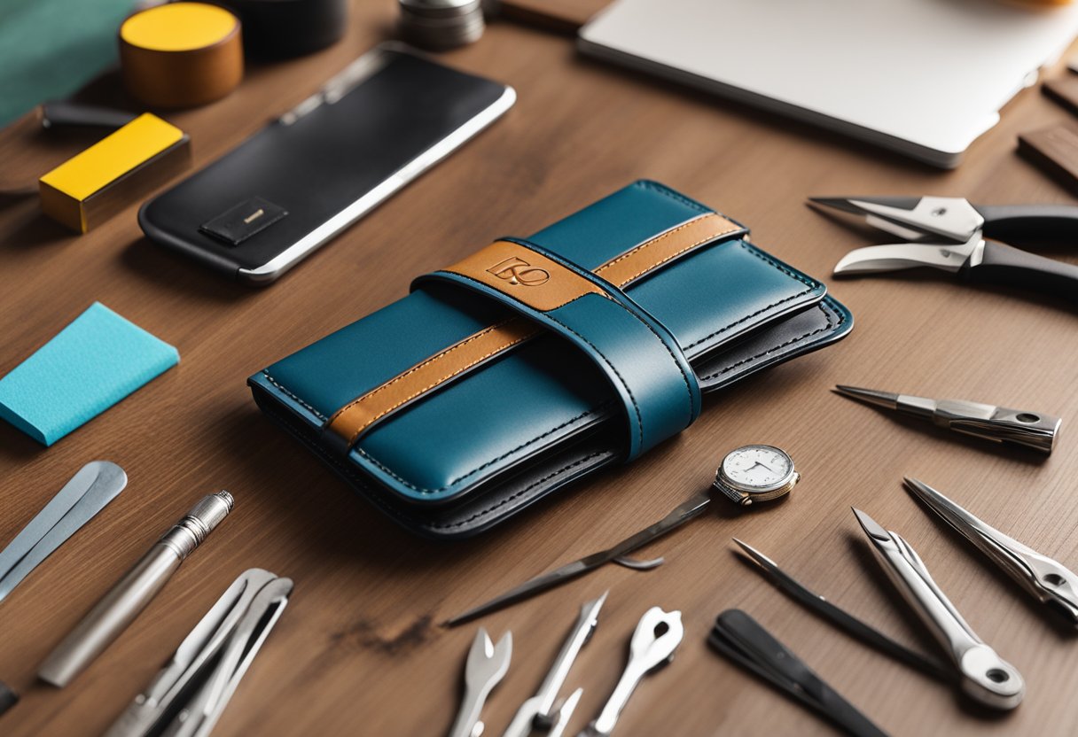 A handcrafted leather card holder with personalized initials sits on a sleek wooden table, surrounded by various tools and materials for customization