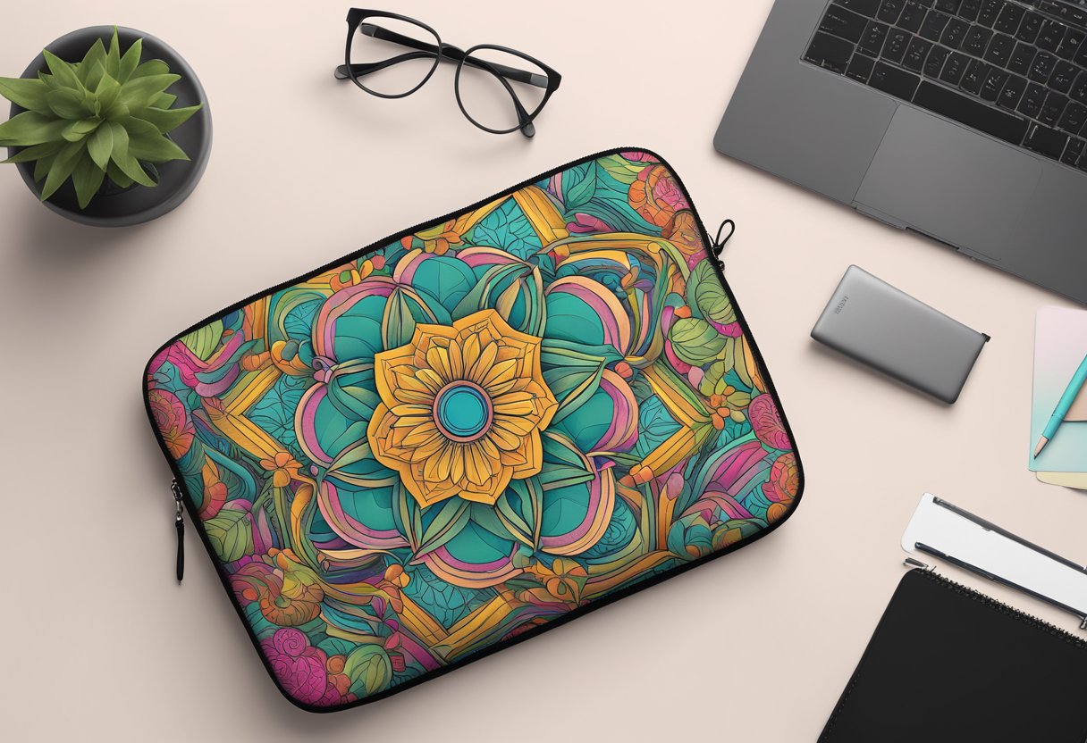 A laptop sleeve with personalized design, featuring vibrant colors and intricate patterns, sits on a sleek desk with a modern laptop next to it