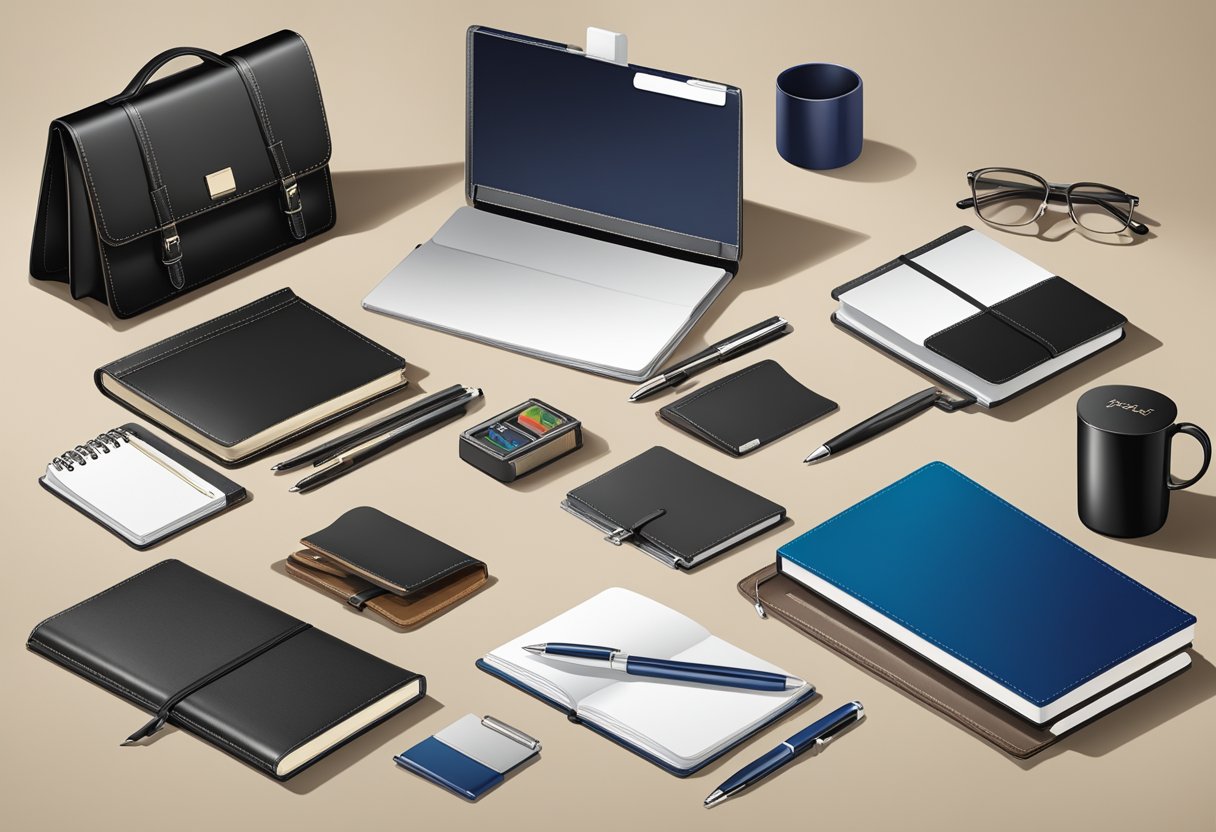 A table displays a variety of high-quality corporate gifts, including branded pens, leather notebooks, and elegant desk organizers