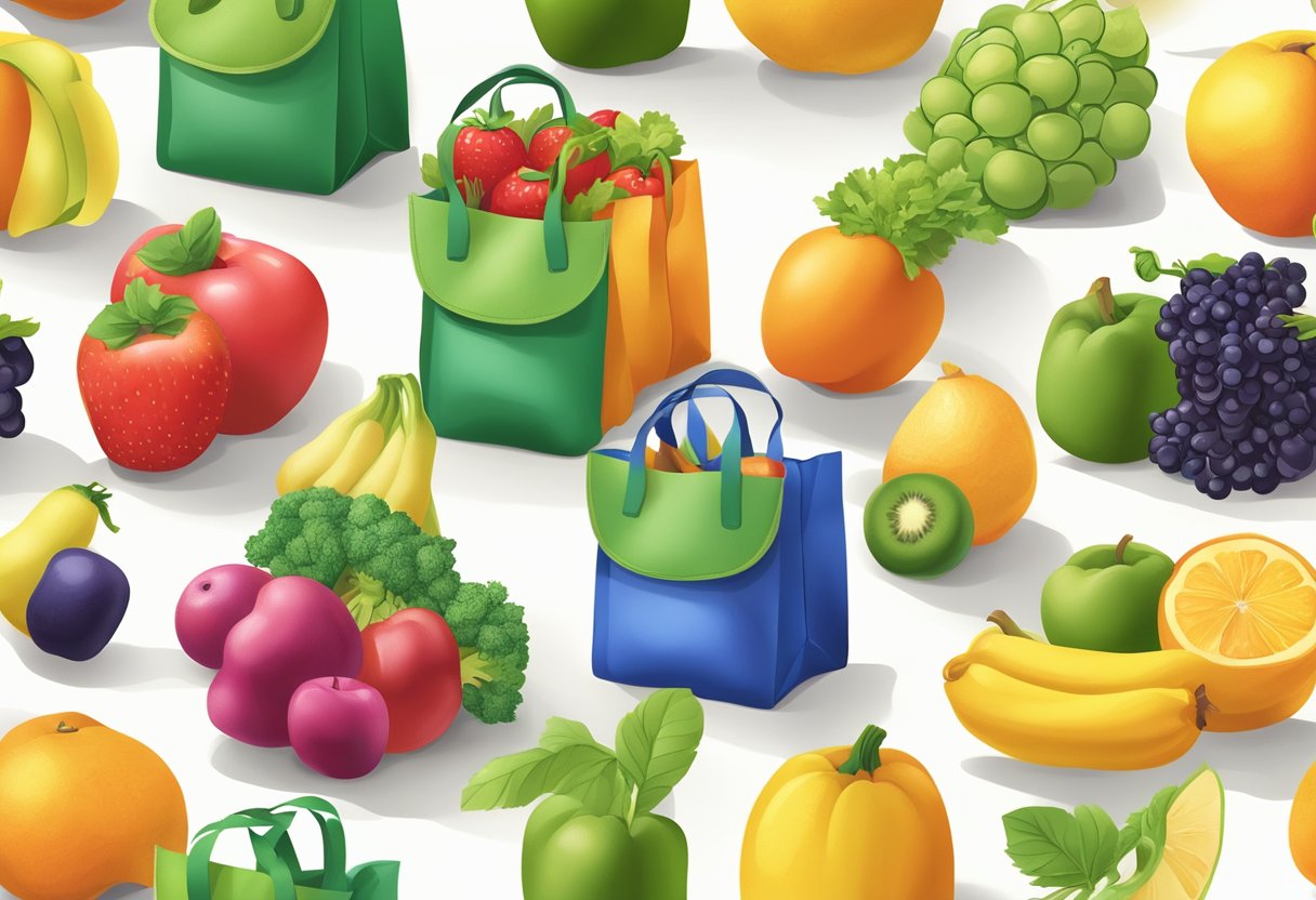 Colorful mini reusable bags arranged in a neat stack, with various fruits and vegetables spilling out of one bag. Sunshine streaming in, highlighting the eco-friendly benefits