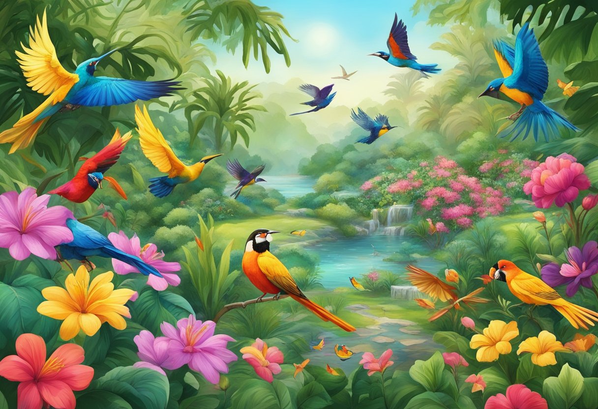 A colorful garden with vibrant flowers, lush greenery, and a variety of exotic birds flying around, creating a paradise-like atmosphere