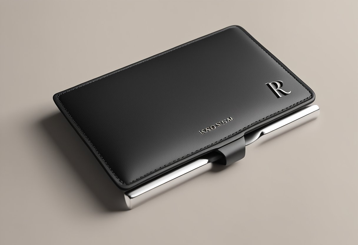 A sleek, modern card holder sits on a clean, minimalist desk. The holder is personalized with the owner's initials, and the cards inside are neatly organized