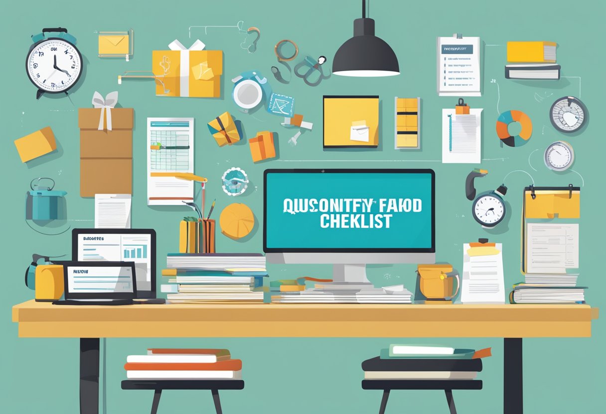 A table with various corporate gifts displayed, a sign reading "Frequently Asked Questions", and a quality control checklist nearby