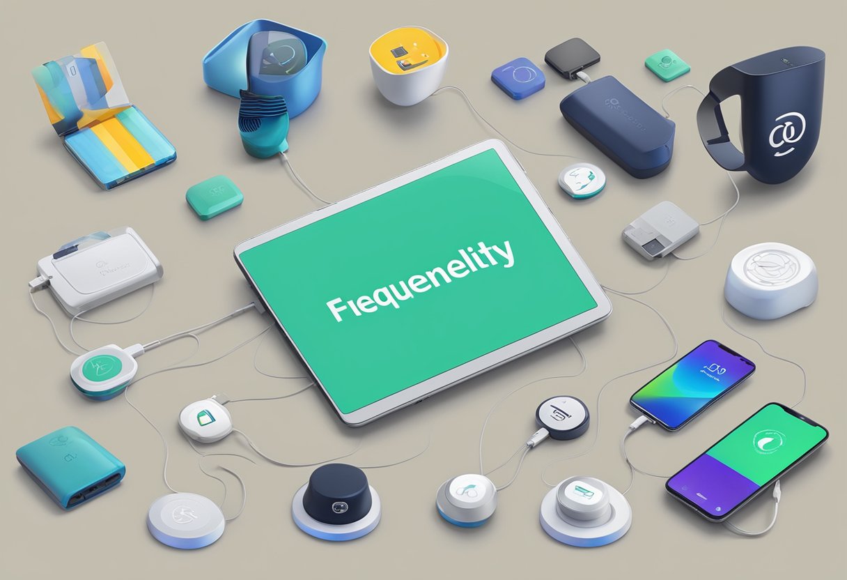 A table with various Qi chargers and corporate gifts arranged neatly, with a sign reading "Frequently Asked Questions" displayed prominently