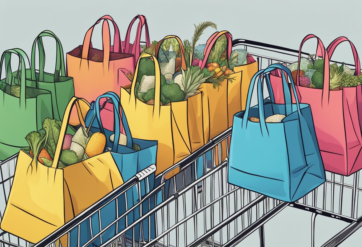 Mini reusable bags being picked up and placed in a shopping cart