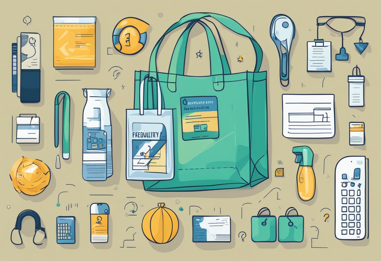 A reusable bag with "Frequently Asked Questions" printed on it, surrounded by various items being placed inside