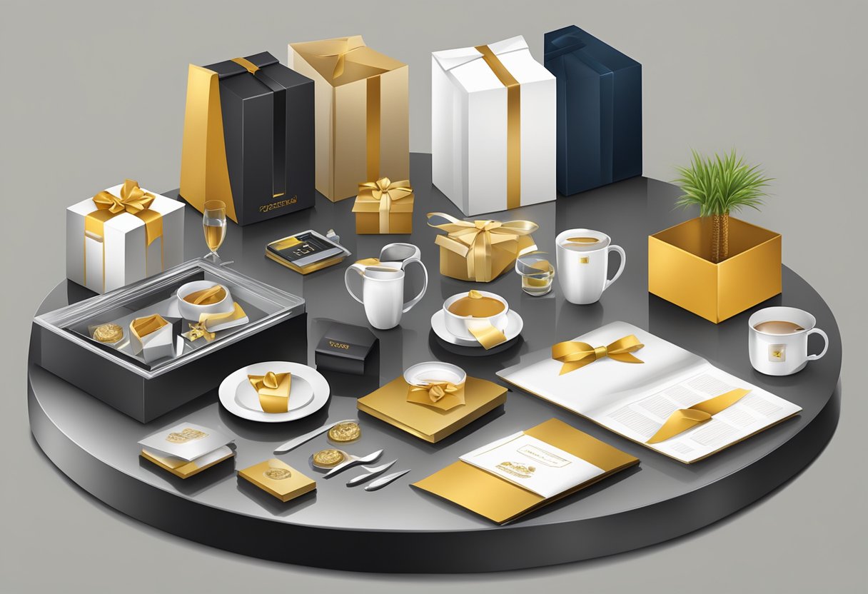 A table adorned with elegant corporate gifts and premium items