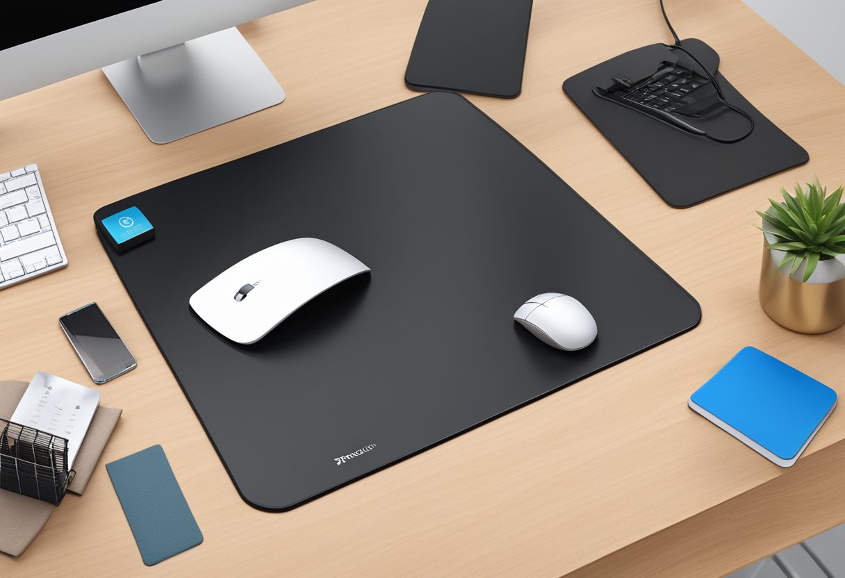 A sleek, modern mouse pad with the company logo prominently displayed, surrounded by office supplies and a professional workspace