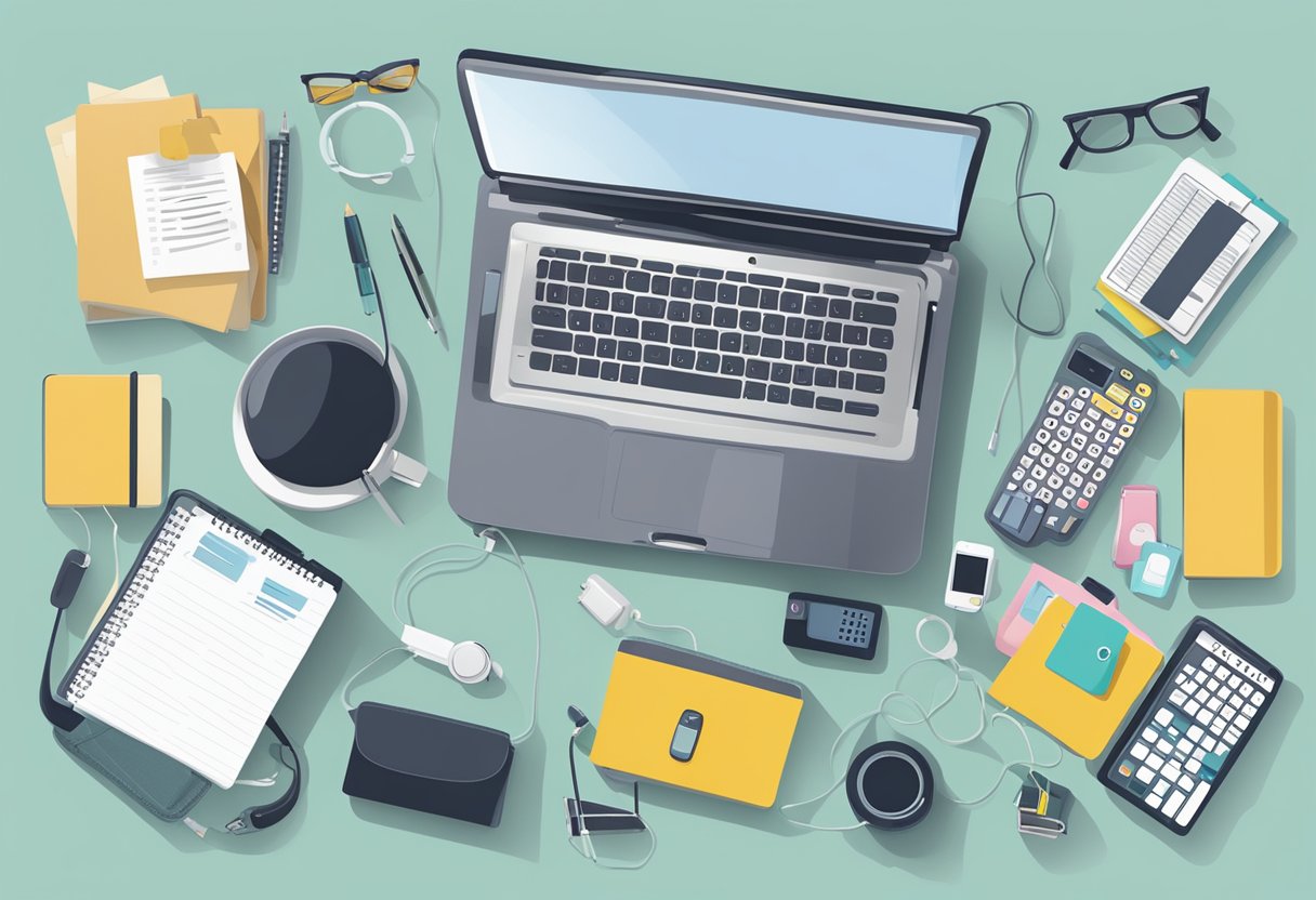 A laptop sleeve with "Frequently Asked Questions" printed on it, surrounded by various electronic devices and office supplies