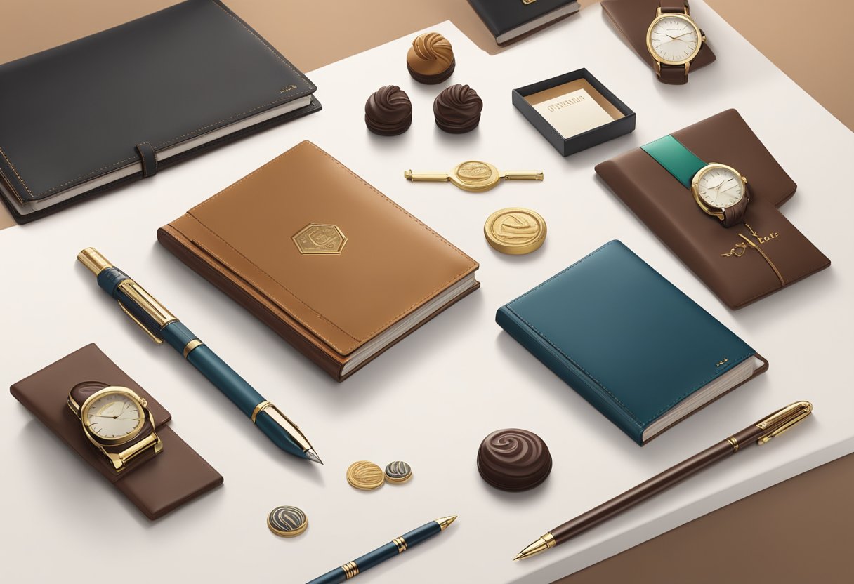A table adorned with elegant, custom-branded gifts. A sleek pen set, luxurious leather notebook, and artisanal chocolates displayed attractively