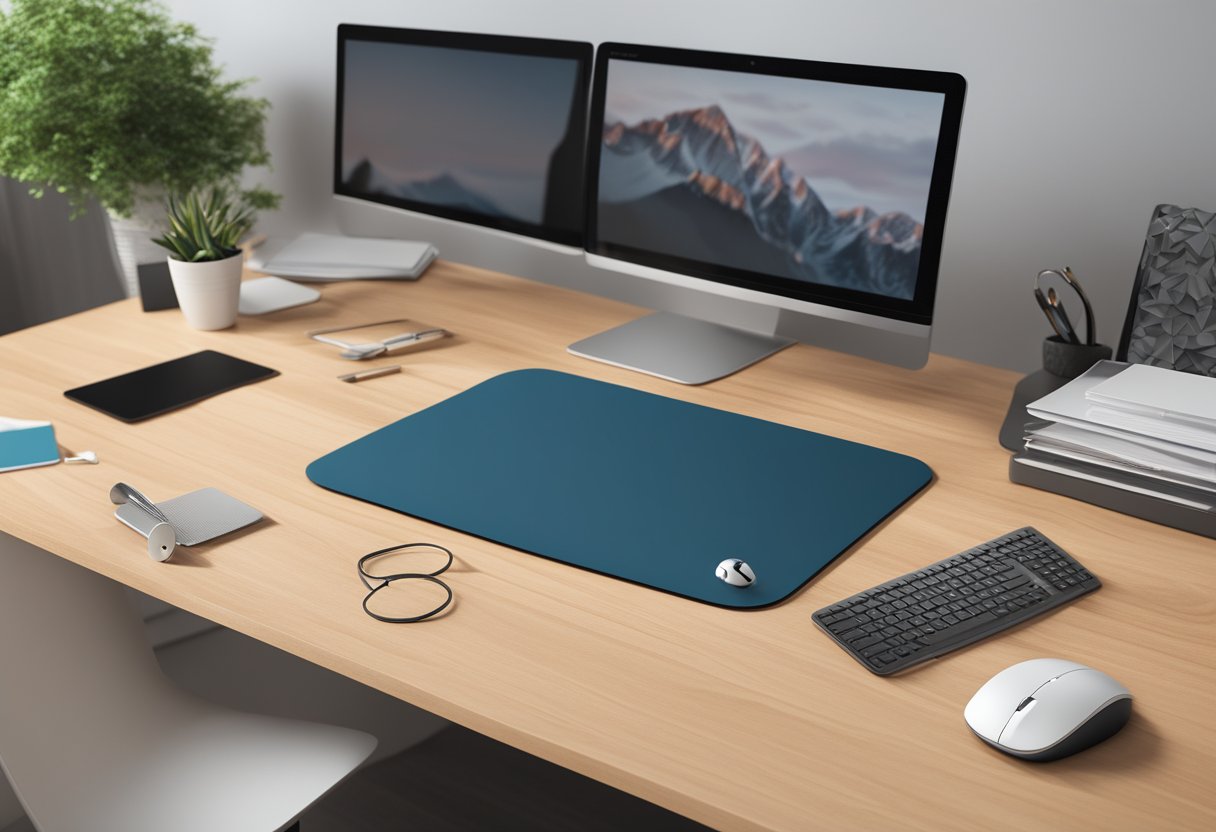 A sleek, modern mouse pad sits on a desk, surrounded by various design options and customization tools. The corporate gift exudes professionalism and versatility