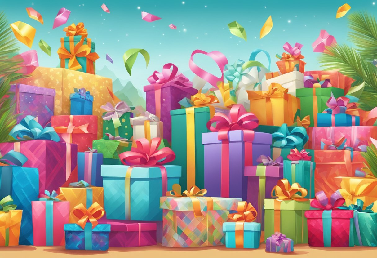 A colorful array of gifts arranged in a whimsical paradise setting, with vibrant wrapping paper, ribbons, and bows