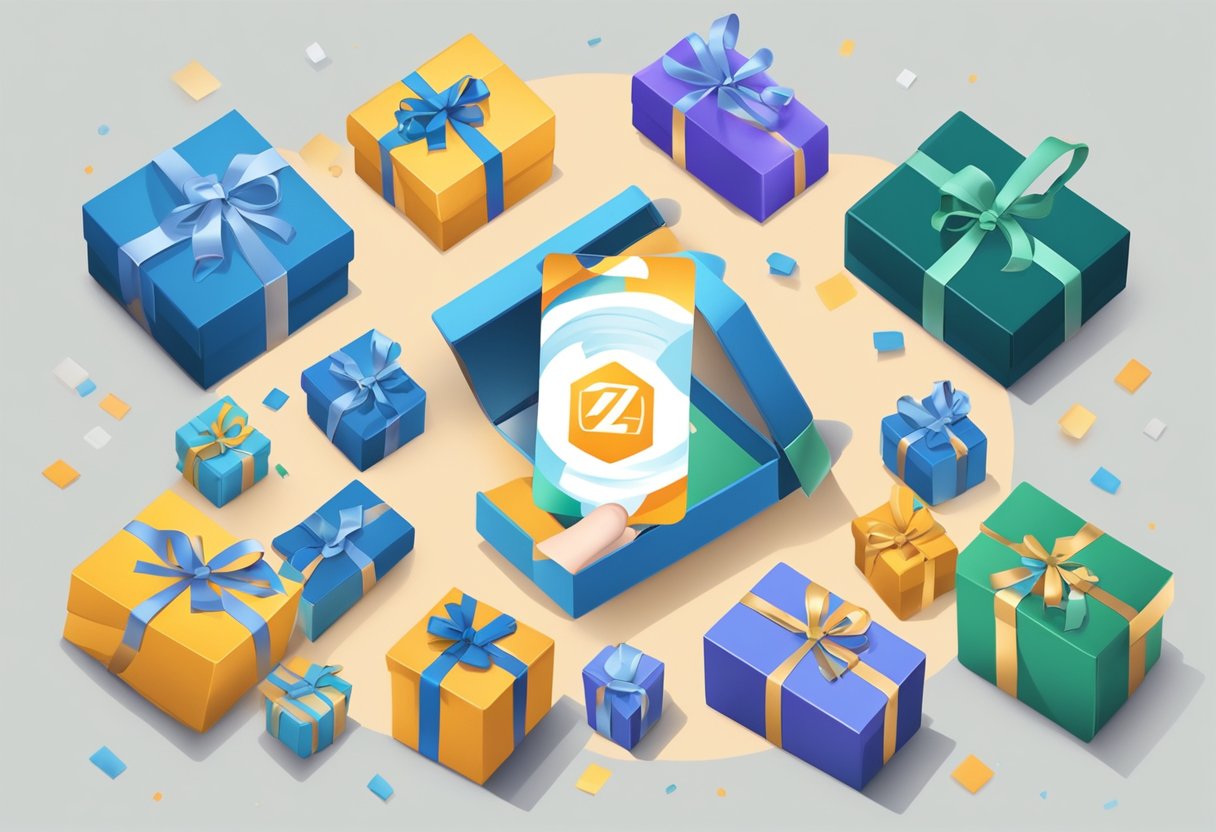 A hand holds an EZ Link card with a corporate logo, surrounded by gift boxes and ribbons