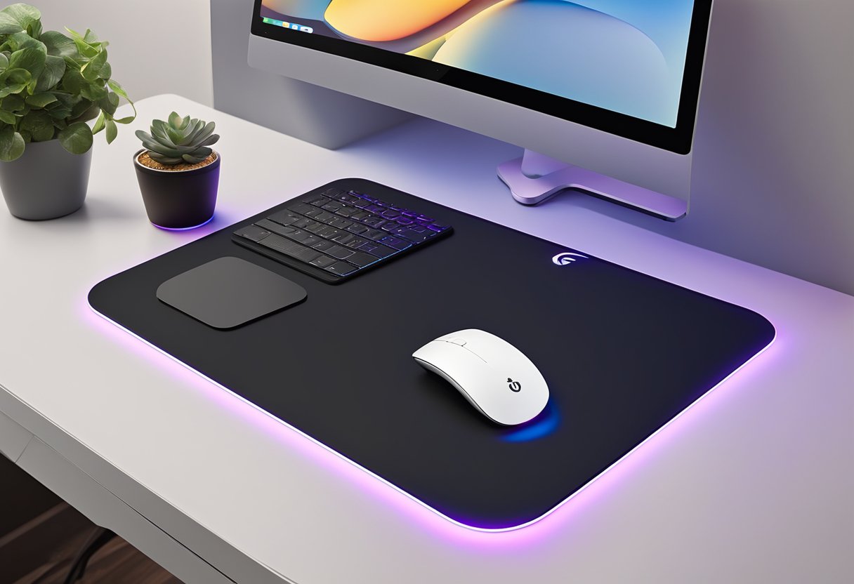 A sleek, modern mouse pad with built-in wireless charging and customizable LED lighting, adorned with a company logo, sits on a polished desk