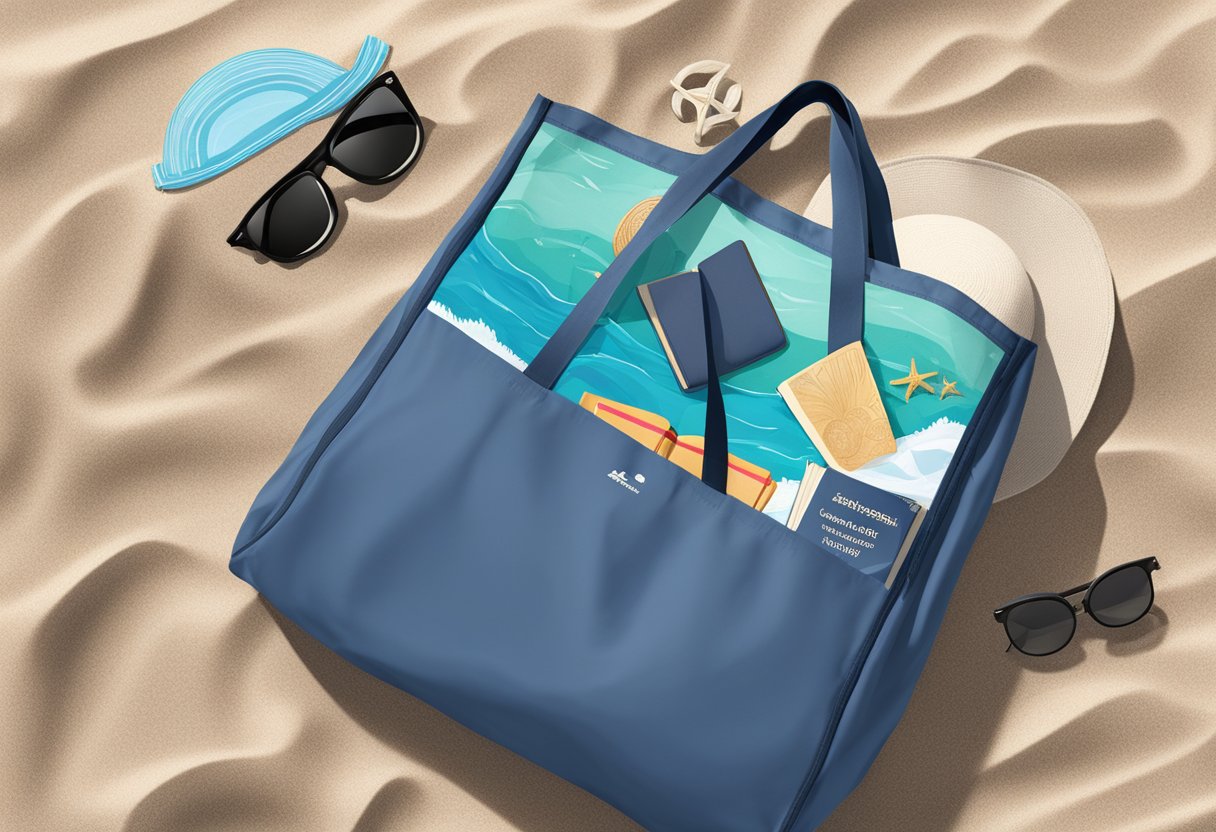 A foldable polyester tote bag lays open on a beach towel, with sunglasses and a book peeking out from inside