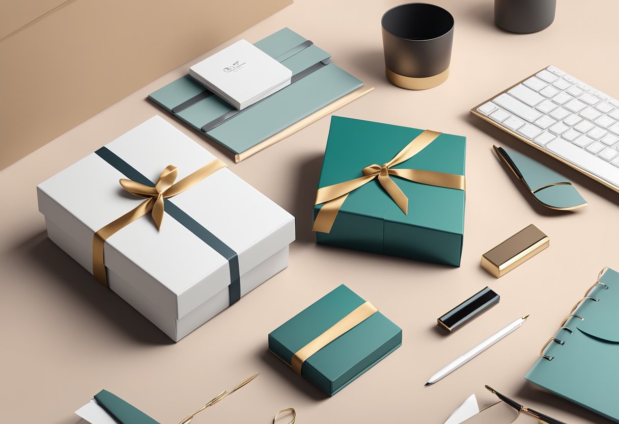 A beautifully wrapped corporate gift box sits on a sleek desk, surrounded by elegant stationery and premium office accessories