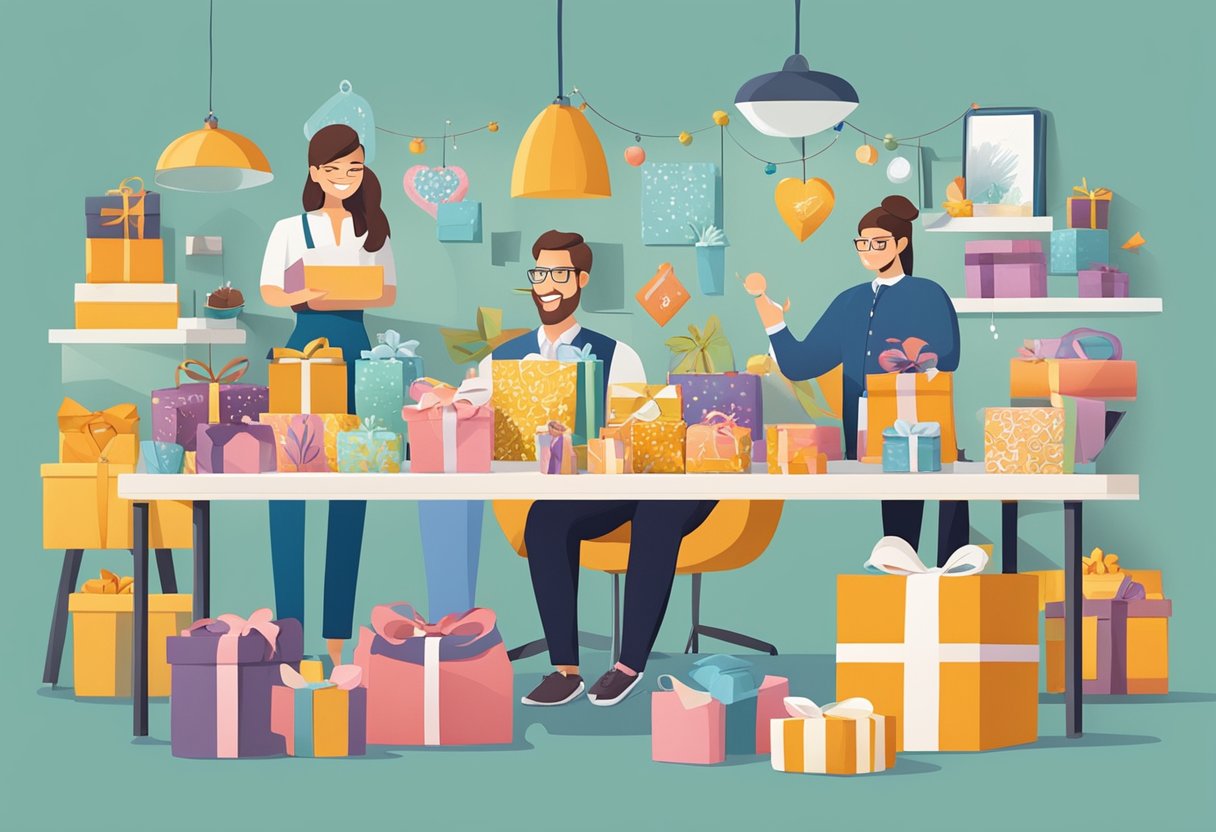 A table adorned with elegant, personalized gifts, including branded items and artisanal products, surrounded by happy, engaged employees