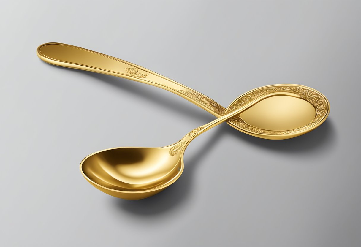 A luxurious golden spoon with the company's logo engraved, presented in an elegant gift box