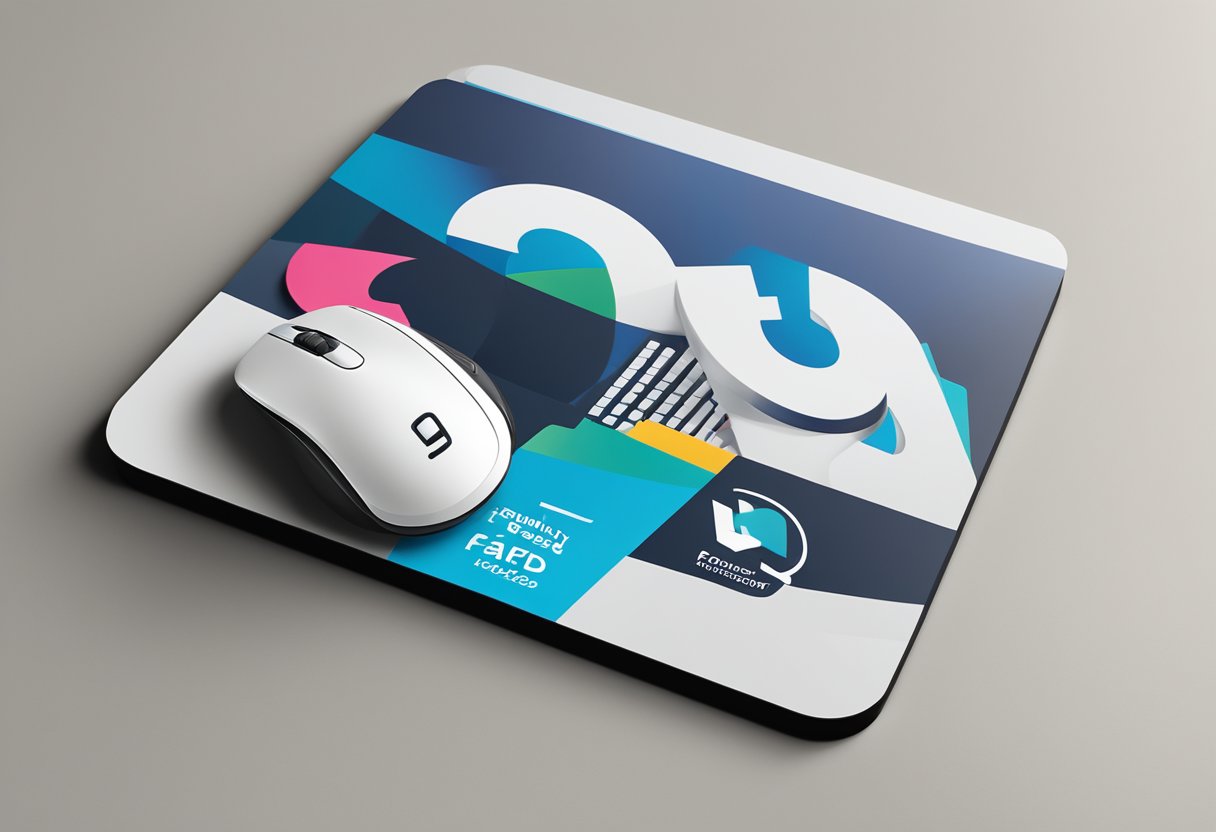 A mouse pad with "Frequently Asked Questions" logo sits on a desk next to a corporate gift box