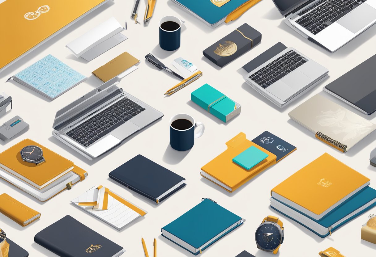 A table displaying various corporate gift options with supplier logos in the background. Unique gifts like custom notebooks, tech gadgets, and luxury items are showcased
