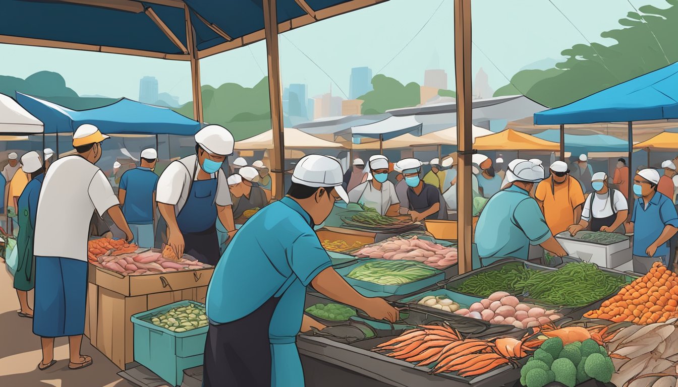 A bustling seafood market in Johor Bahru, with colorful stalls showcasing an array of fresh catches from the sea