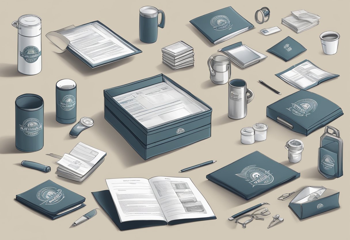 A logo being imprinted onto a corporate gift item with a customized design, surrounded by a list of frequently asked questions