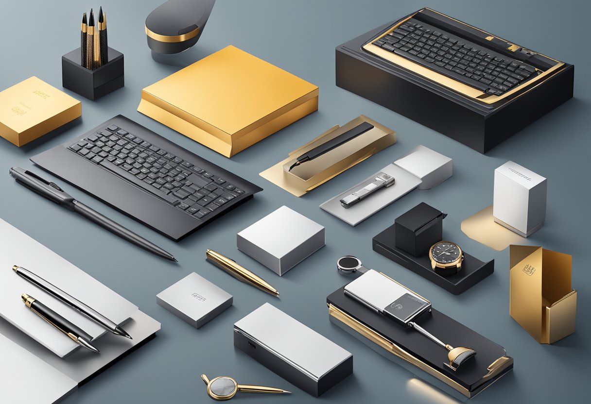 A table displays an array of high-end corporate gifts, including luxury pens, elegant desk accessories, and sophisticated tech gadgets
