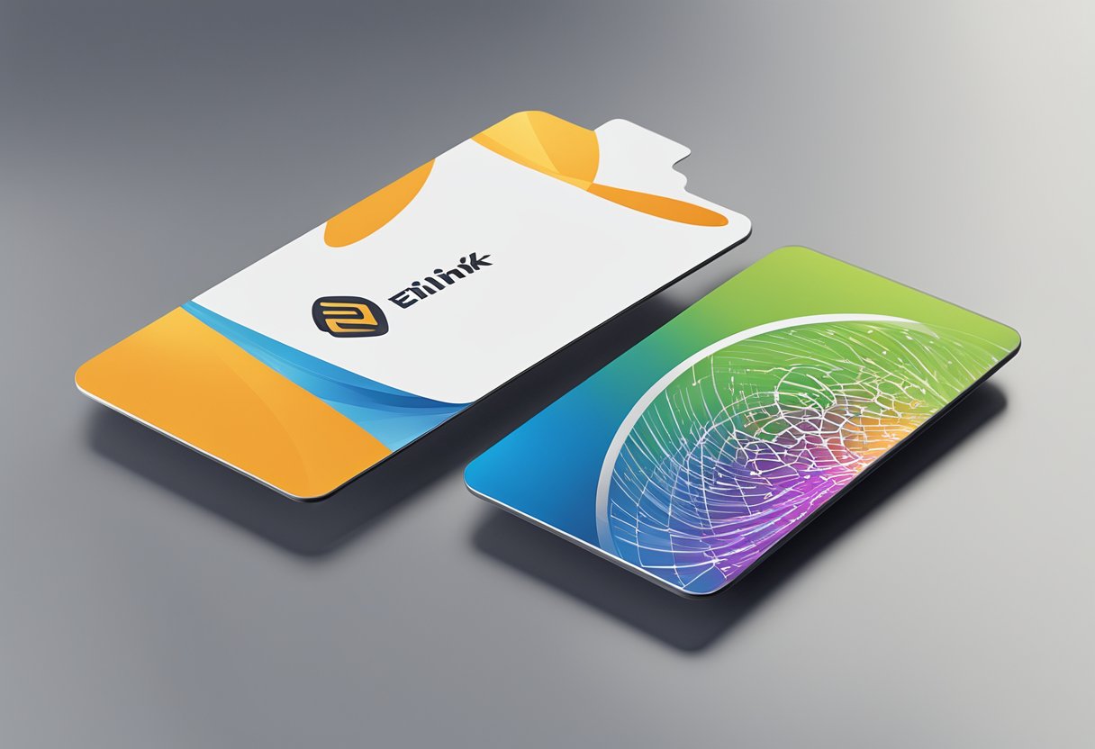 An Ez-Link card placed on a sleek, modern desk with a corporate logo in the background