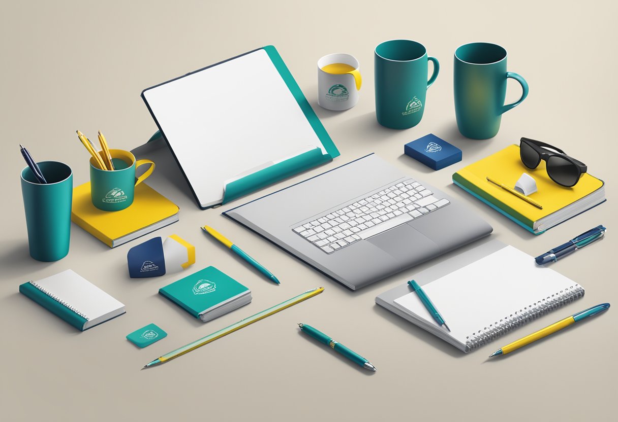 A table with branded corporate gifts such as pens, mugs, and notebooks displayed neatly with the company's logo