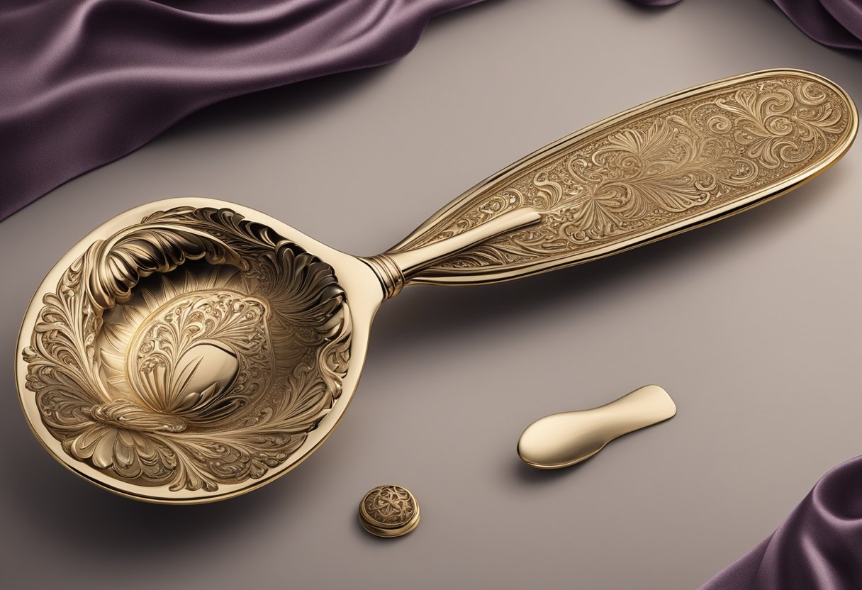 A golden spoon rests on a velvet cushion, adorned with intricate engravings and surrounded by luxurious packaging