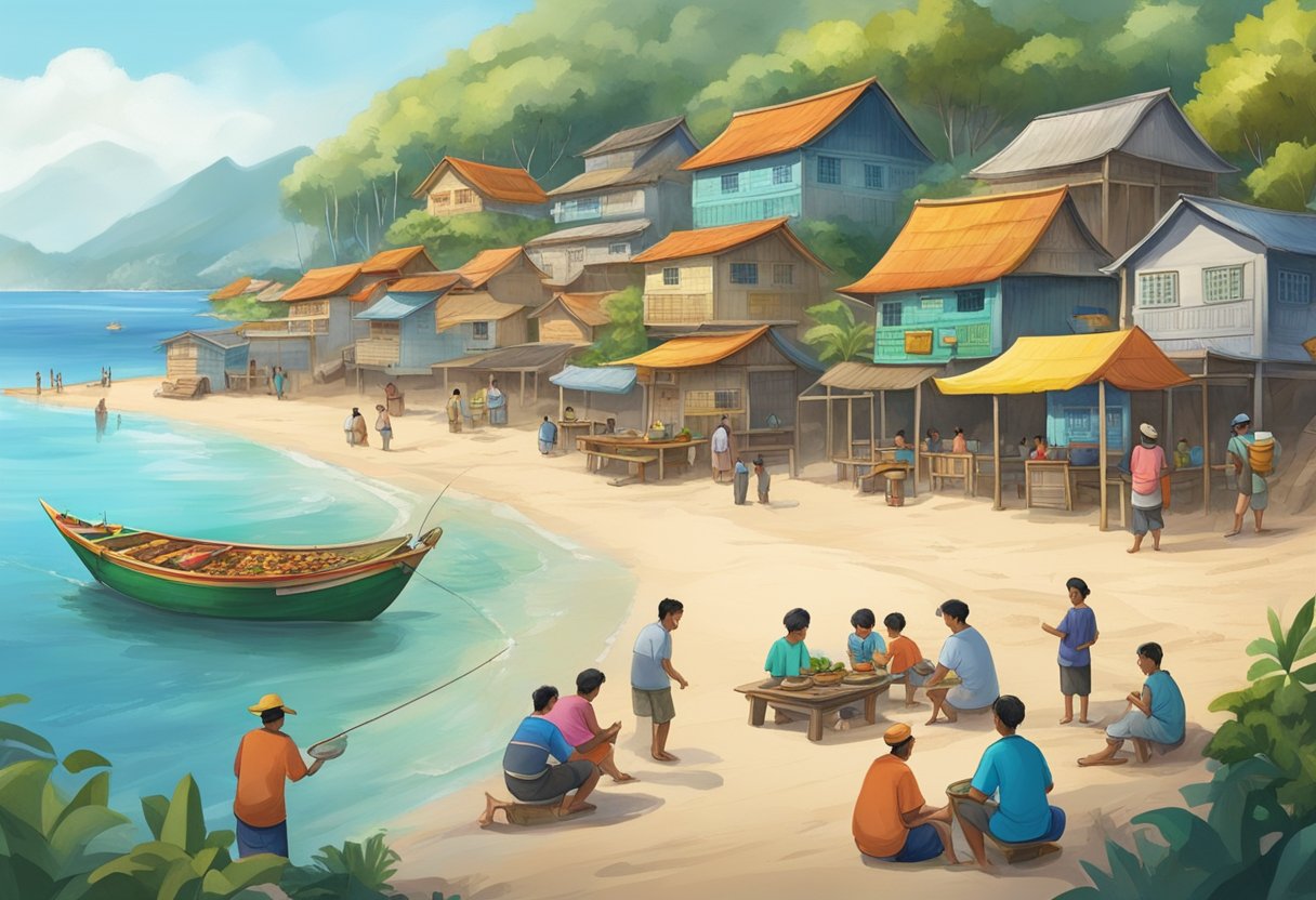 A serene beach with a colorful fishing village in the background, where locals prepare and serve ocean curry fish head to eager visitors