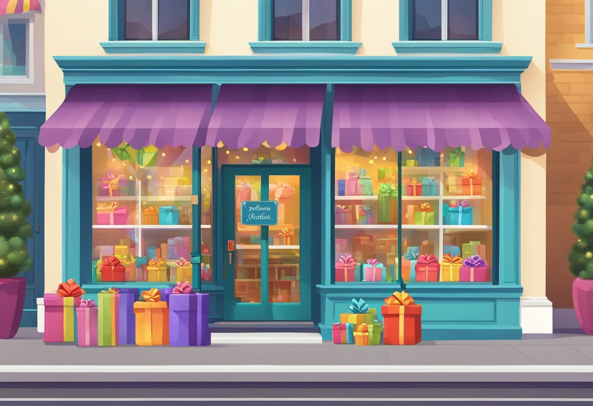 A colorful gift shop with a sign reading "Frequently Asked Questions gift paradise" above the entrance. Brightly wrapped presents and decorative displays fill the windows