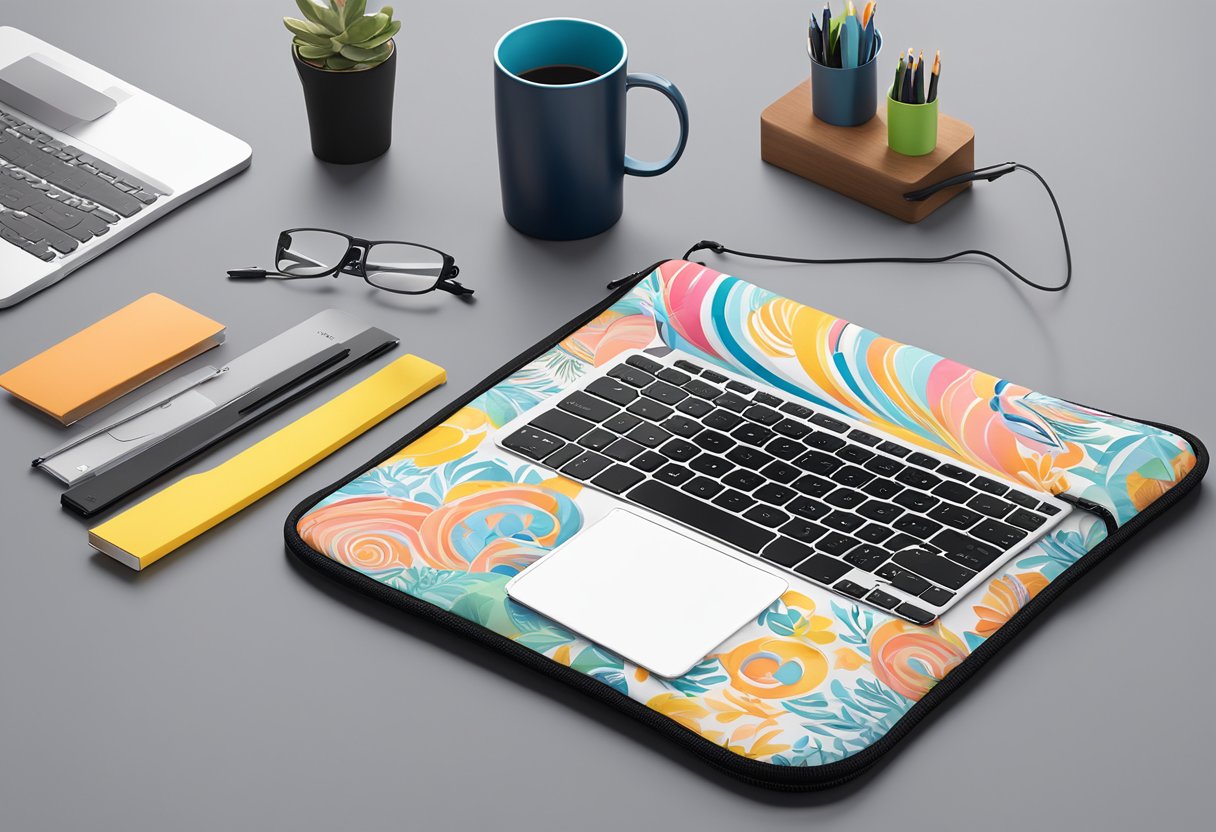 A neoprene laptop sleeve sits on a desk, adorned with a corporate logo. It is surrounded by office supplies and a sleek, modern laptop