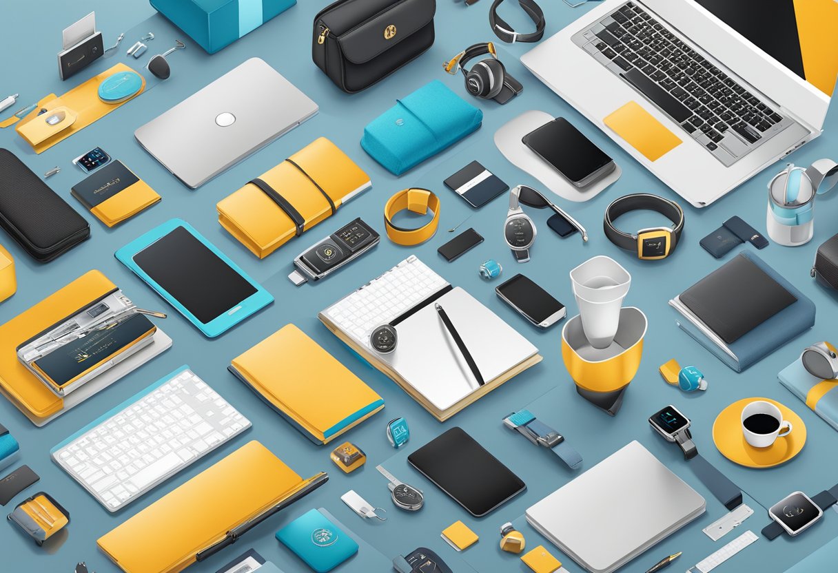 A table with various unique corporate gifts displayed, including branded items, tech gadgets, and luxury accessories