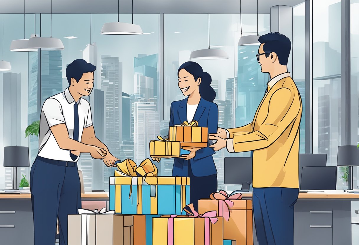 A group of business professionals exchanging branded gifts in a modern office setting in Singapore
