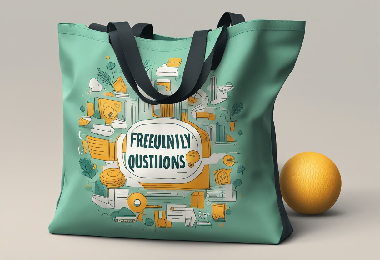 A tote bag with "Frequently Asked Questions" printed on it, made of foldable polyester material, lying on a flat surface
