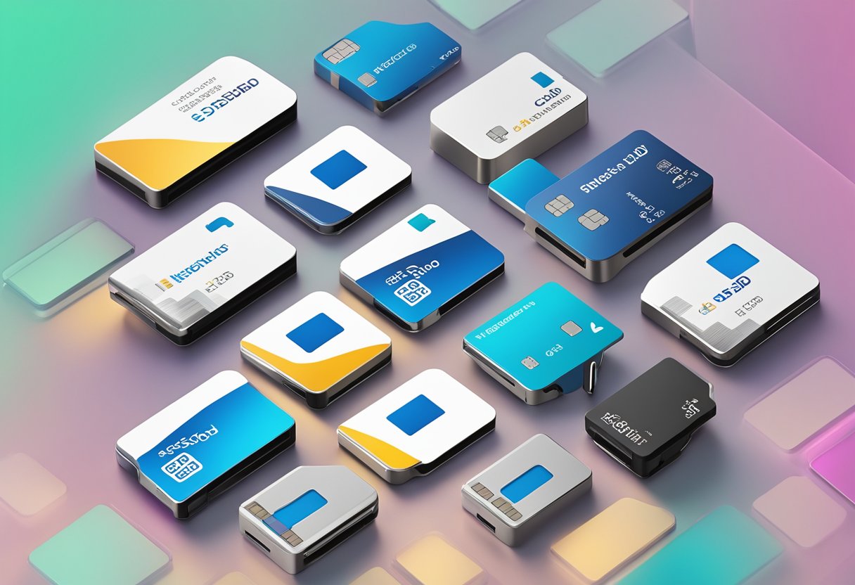 A hand reaches for a selection of micro SD cards displayed on a sleek, modern table with corporate branding in the background