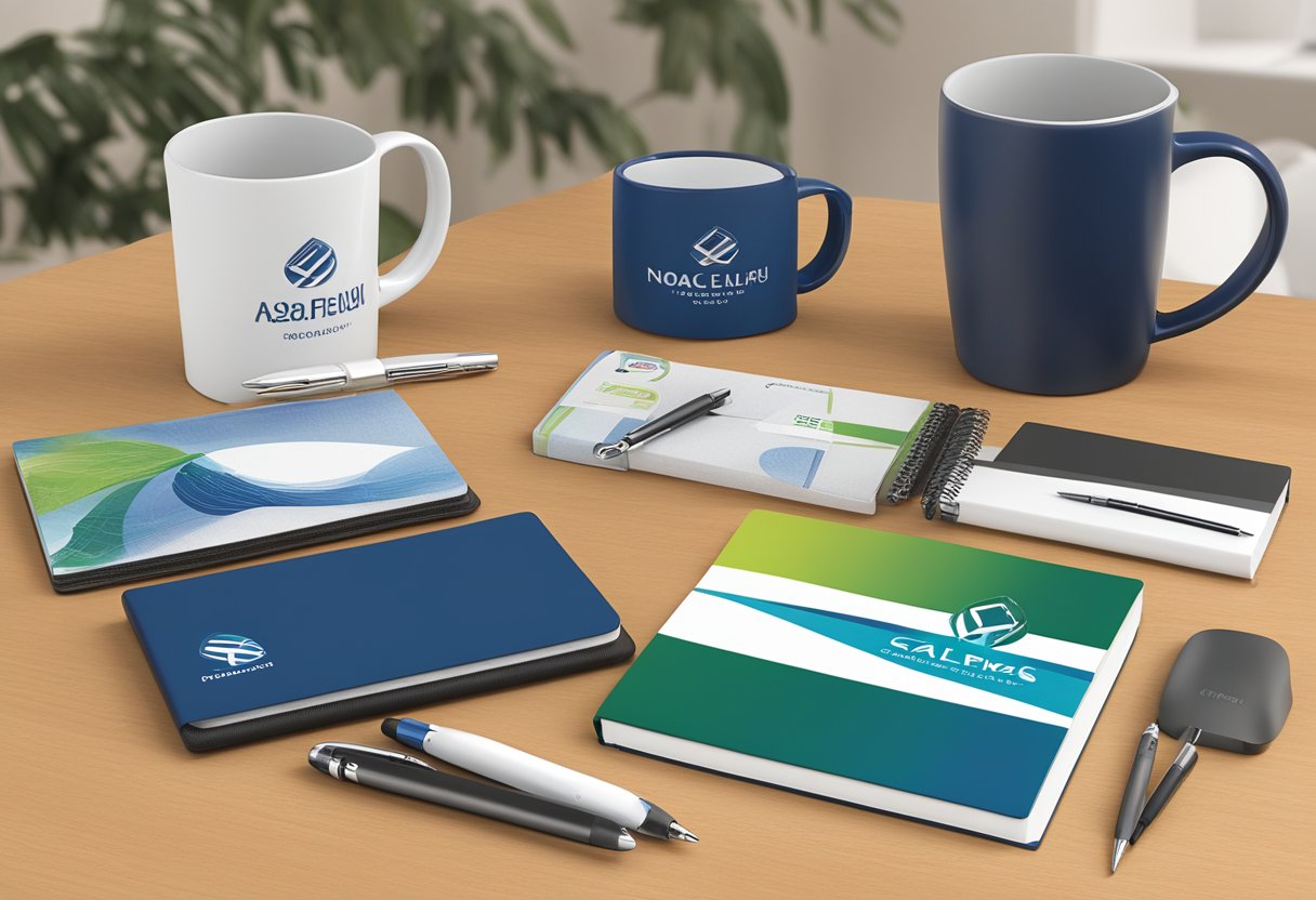 A table displays various corporate gifts, including branded pens, mugs, and notebooks. The company logo is prominently featured on each item