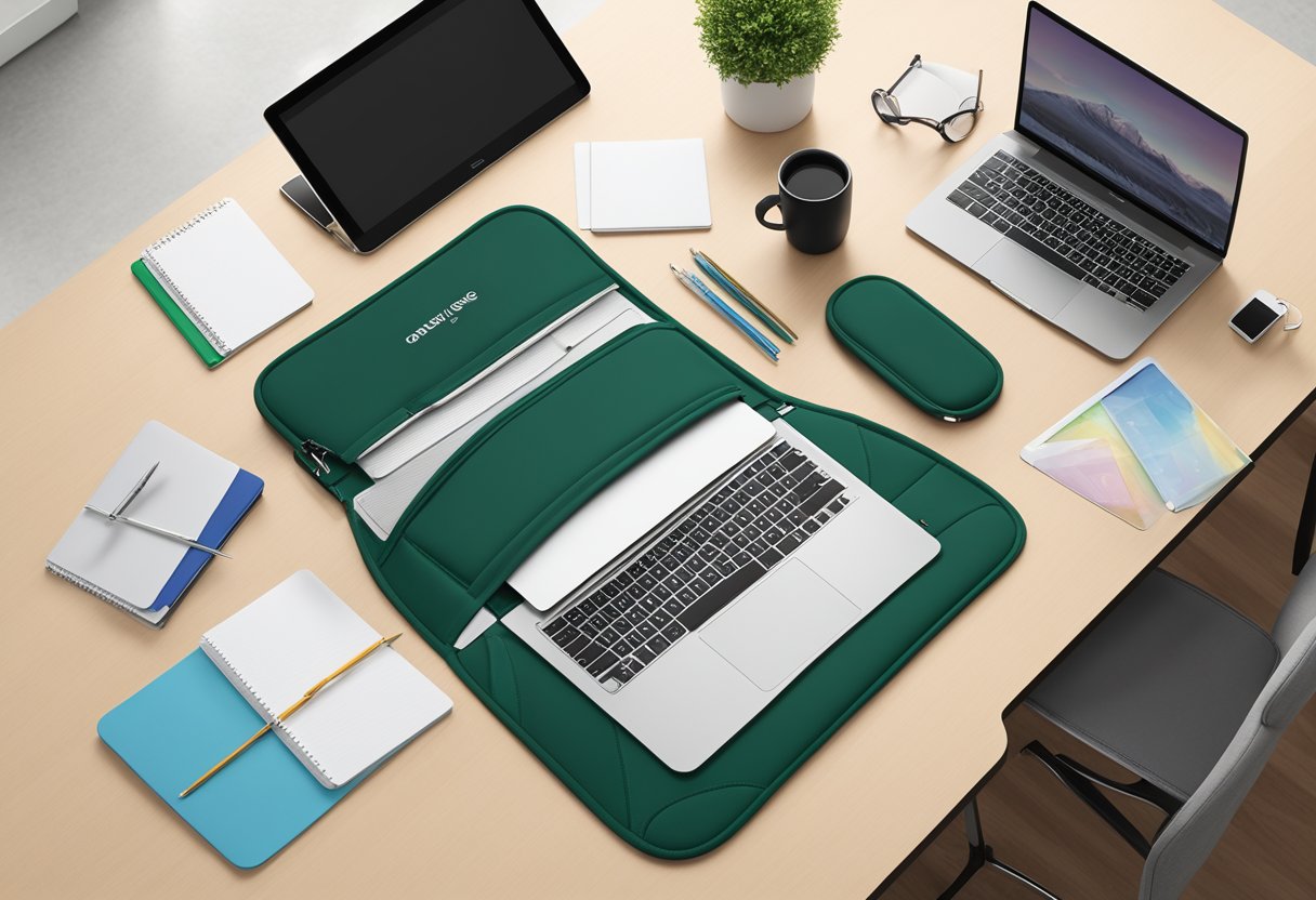 A sleek neoprene laptop sleeve with a company logo sits on a desk surrounded by office supplies, ready to be given as a corporate gift