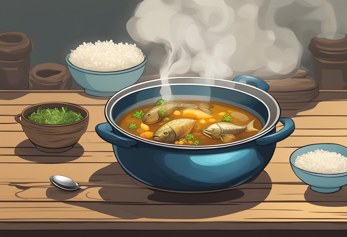 A steaming pot of ocean curry with a fish head floating in the rich, aromatic broth. The pot sits on a rustic wooden table with a bowl of rice and a spoon nearby