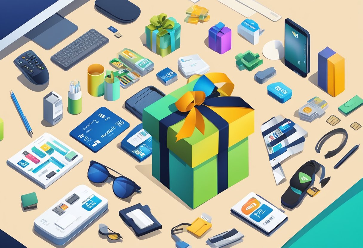 A hand holding a corporate gift box with a micro SD card inside, surrounded by branded merchandise and office supplies