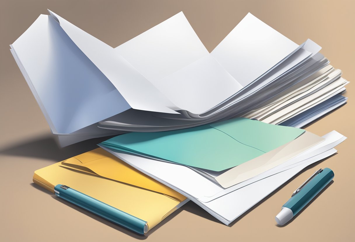 An L-shaped folder lies open on a desk, papers spilling out