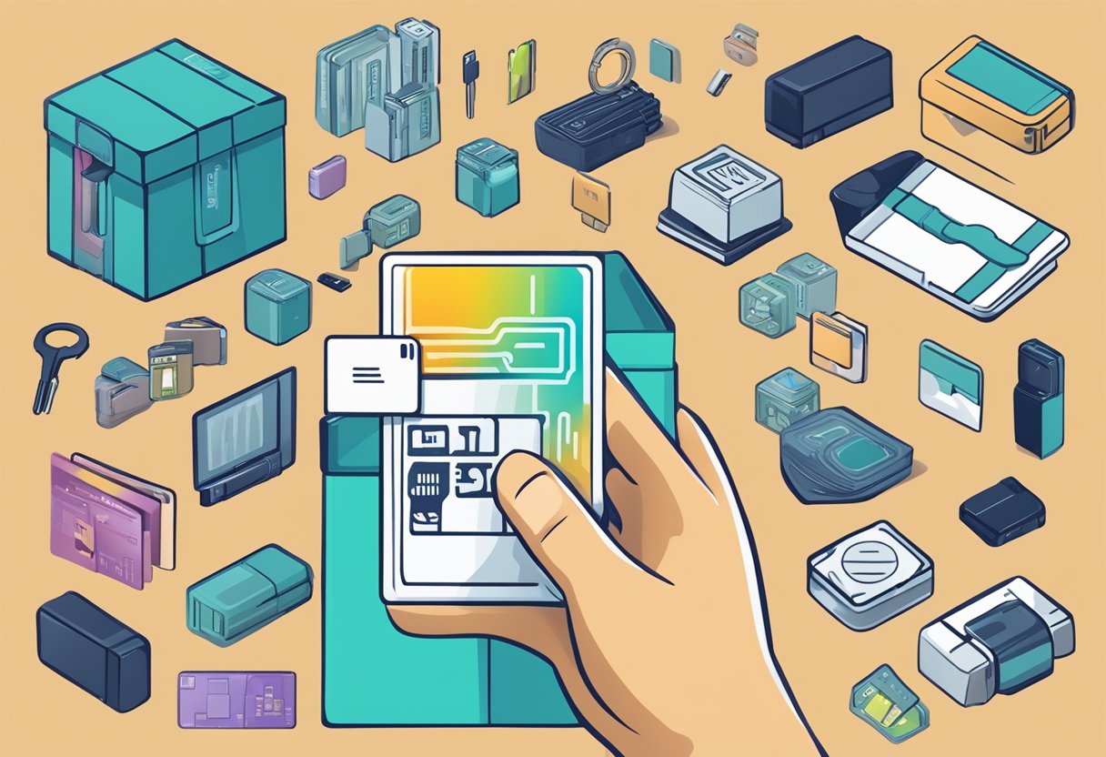 A hand holding a micro SD card with "Frequently Asked Questions" printed on it, surrounded by corporate gift items