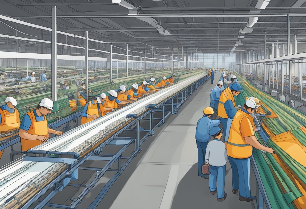 A bustling textile factory, with rows of weaving machines humming and workers tending to the production line at intexco