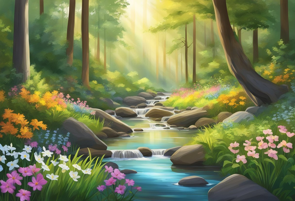 A serene forest with a babbling brook, sunlight filtering through the trees, and a variety of colorful wildflowers blooming in the underbrush