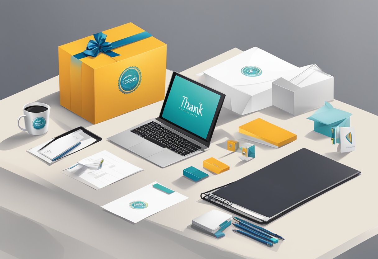 A table with branded corporate gifts, a logoed gift box, and a thank you note on a desk