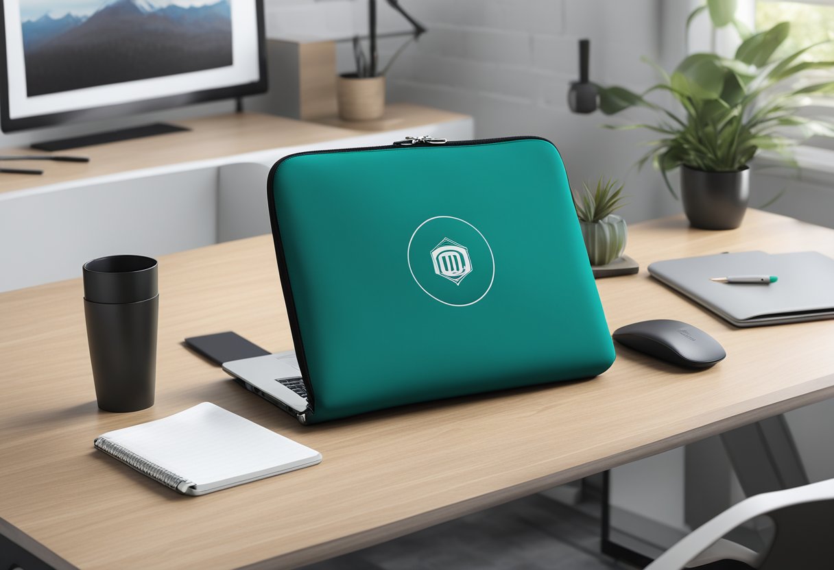 A neoprene laptop sleeve with corporate branding, displayed on a sleek desk with modern office decor